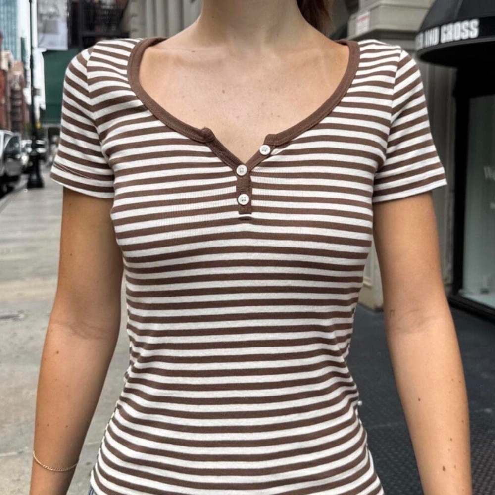 Brandy Melville Brown & White Striped Zelly Short Sleeve Top